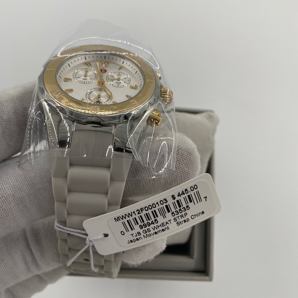 MICHELE Silver Dial Wheat Silicone Strap Ladies 38mm Jellybean Chronograph Watch - Picture 5 of 9